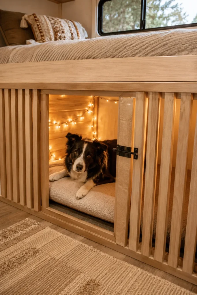 Camper bottom bunk built into a modern slatted wood dog crate with an enclosed latching door.
