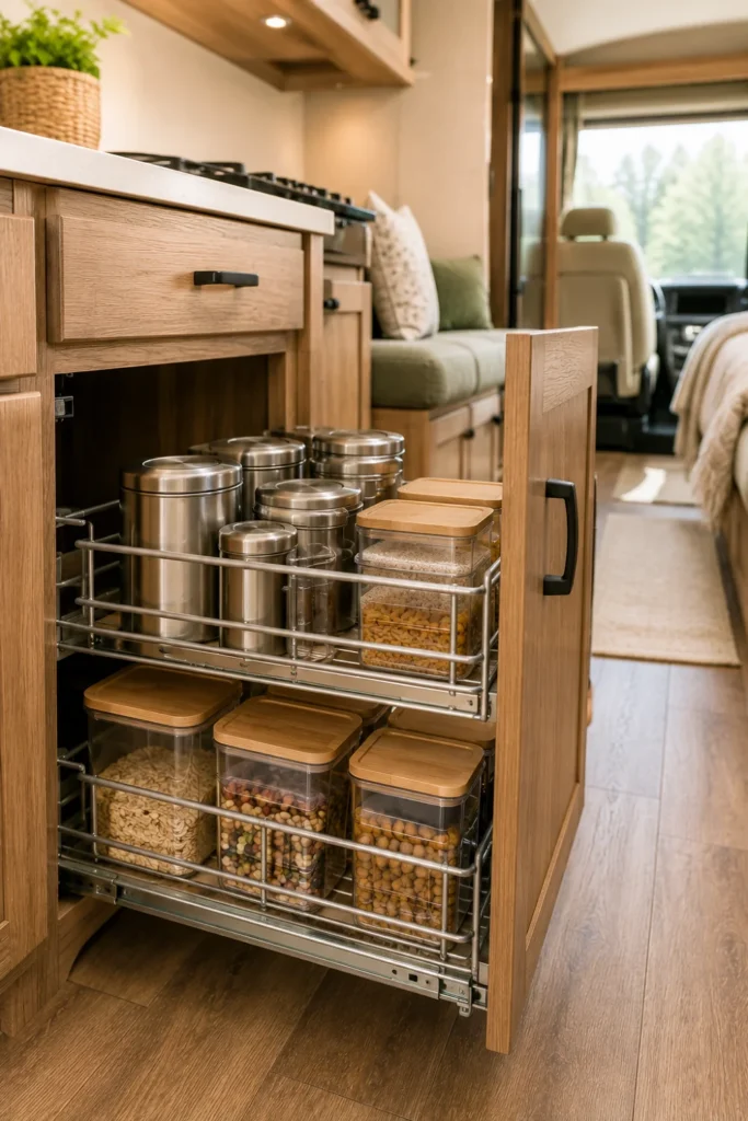 Metal wire pull-out drawer extended from a lower RV cabinet filled with organized dry food containers.