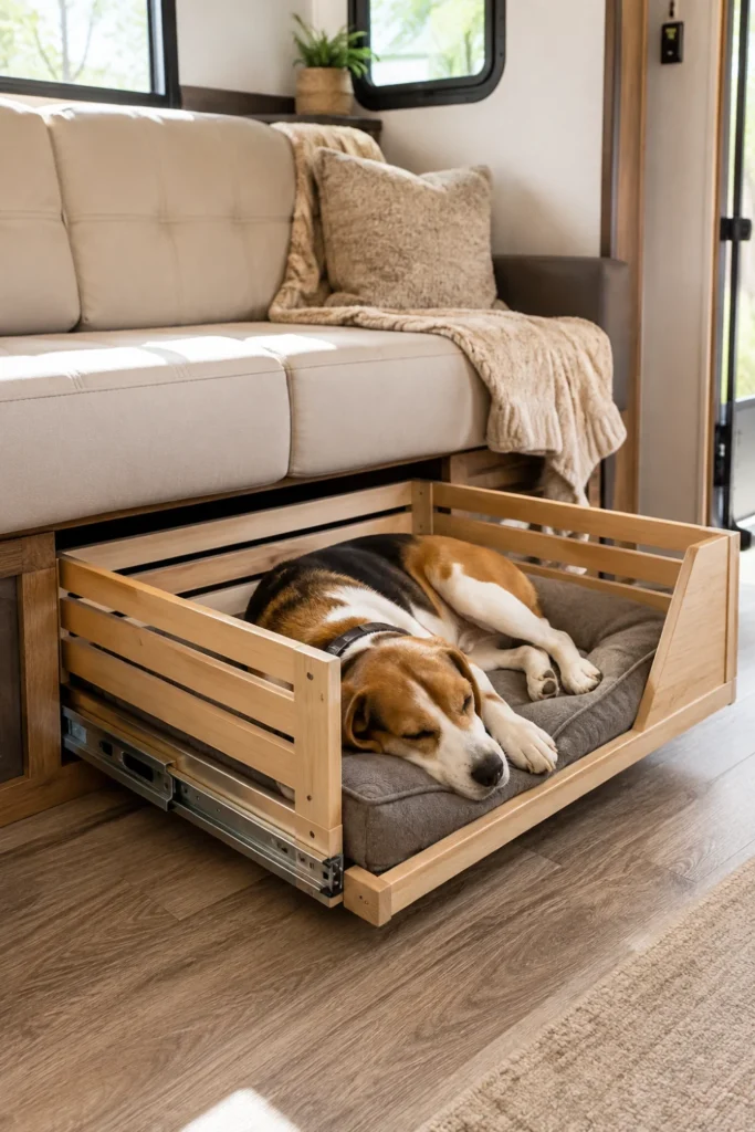 Slide-out dog crate drawer pulled open from beneath a camper couch with a sleeping Beagle.