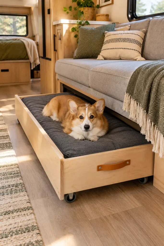 Low-profile pull-out wooden trundle dog bed rolling out from under a camper jackknife sofa.
