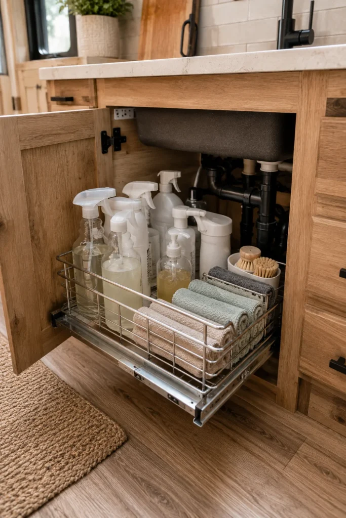 Pull-out metal wire storage baskets mounted under an RV kitchen sink holding sponges and cleaning supplies.