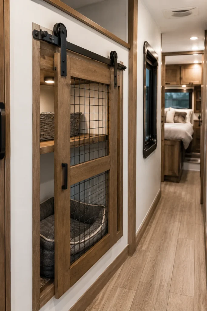 Mini sliding barn door on a black metal track enclosing a dog crate nook in an RV hallway.

