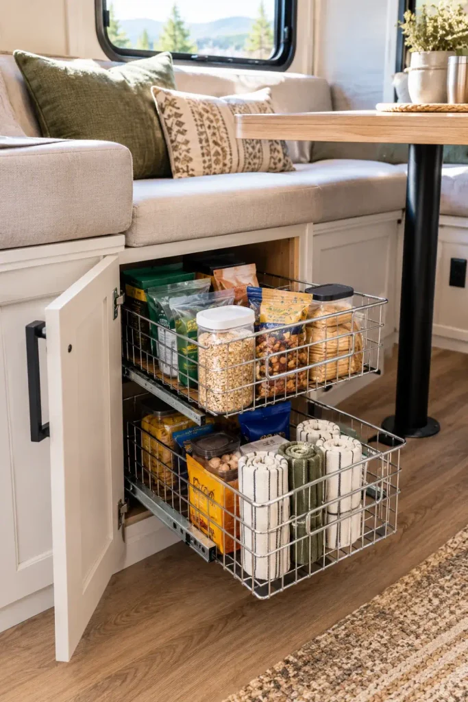 Tiered pull-out chrome wire basket drawers sliding out from an RV dinette bench cabinet door.

