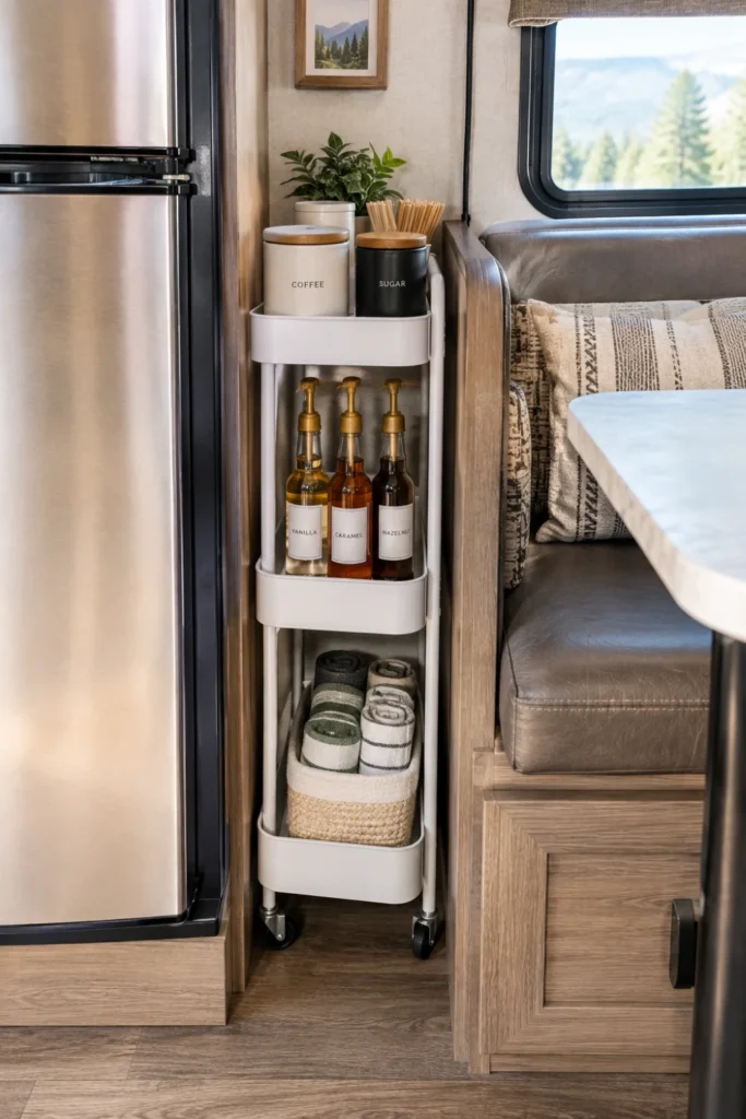 Narrow 3-tier rolling utility cart tucked into a tight gap next to an RV refrigerator.