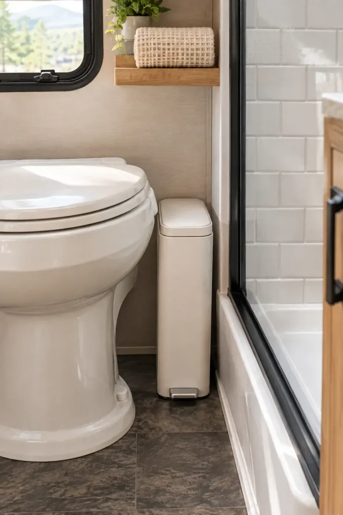 Slim pedal-operated trash can fitting tightly between an RV toilet base and shower wall.