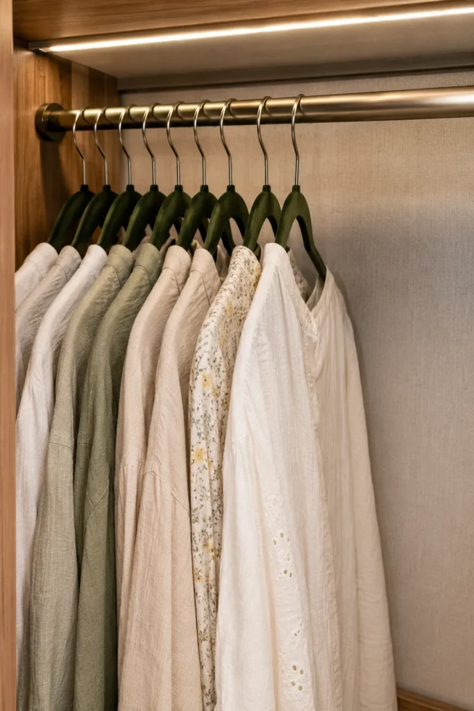 Ultra-thin forest green velvet hangers holding shirts inside a compact RV closet to save hanging space.