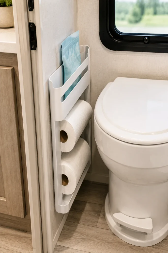 Slim wall-mounted caddy holding extra toilet paper rolls beside an RV camper toilet.
