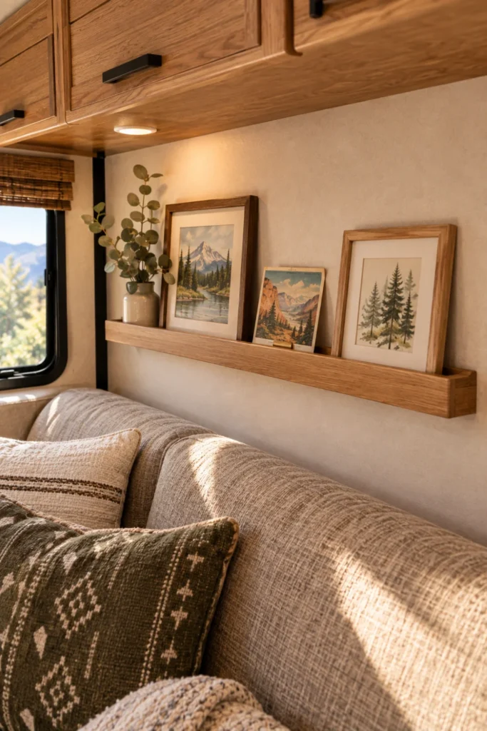 Shallow wooden picture ledge with small framed prints on a camper wall.