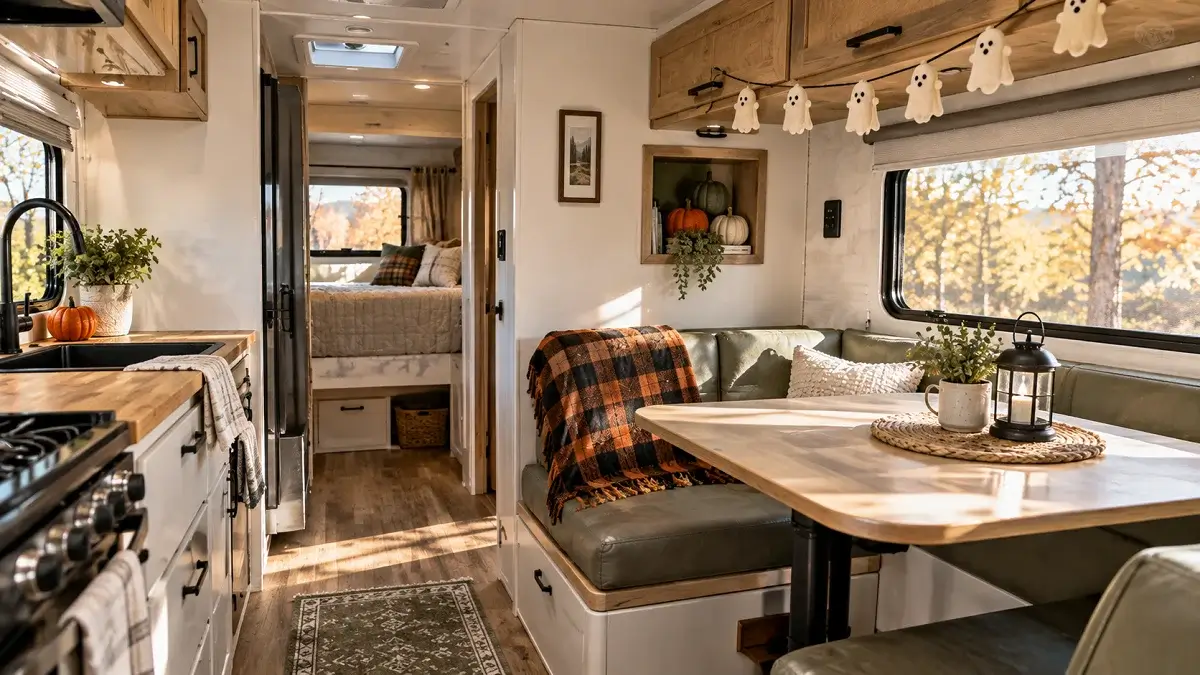 Bright, natural-lit interior of a small camper decorated for Halloween featuring space-saving decor like a felt ghost garland on overhead cabinets and mini velvet pumpkins.
