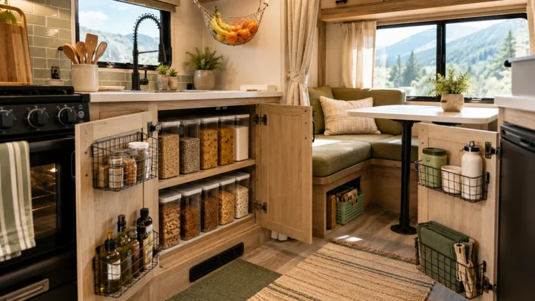 Bright modern RV interior featuring clever small RV storage ideas including cabinet door organizers, clear pantry bins, and space-saving kitchen shelving.