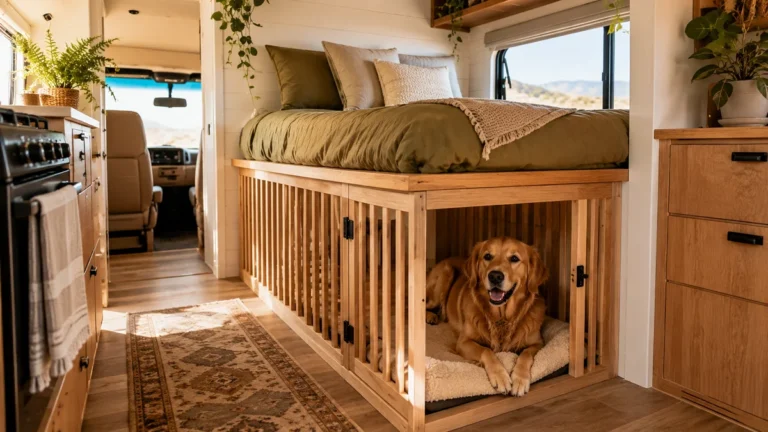 Built-in wooden dog kennel integrated under an RV bed in a bright modern camper interior with a golden retriever resting inside