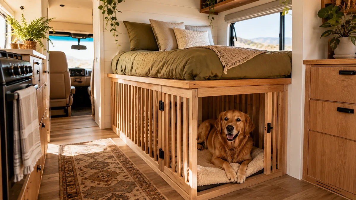 Built-in wooden dog kennel integrated under an RV bed in a bright modern camper interior with a golden retriever resting inside