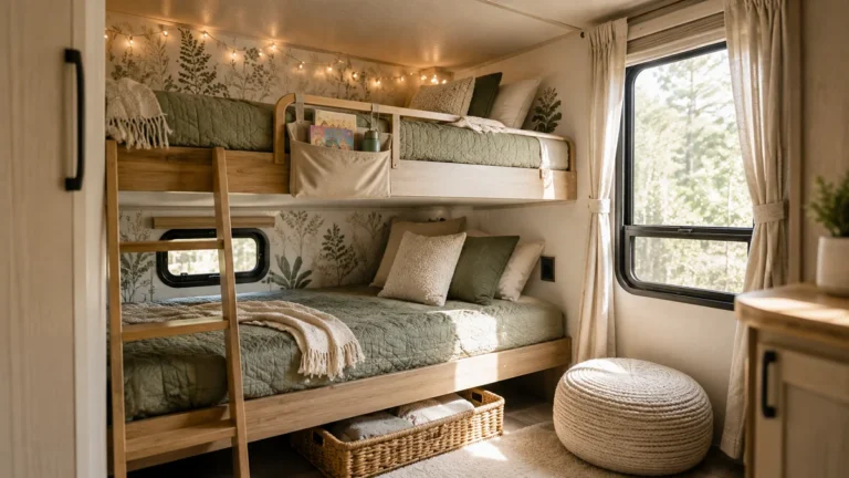 Cozy custom RV kids bunk bedroom with warm wood accents, sage green bedding, hanging canvas organizer, soft fairy lights, and smart under-bed toy storage.