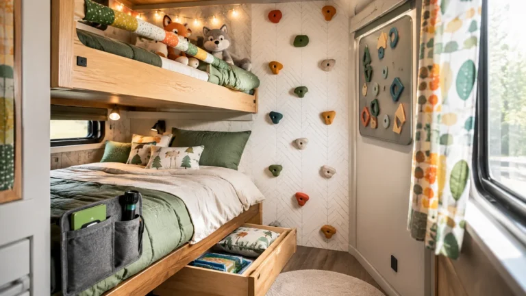 A vibrant, sunlit view looking into a cozy, customized RV kids' bunkhouse room featuring layered textiles, playful climbing holds on the wall, magnetic game boards, and warm LED string lights