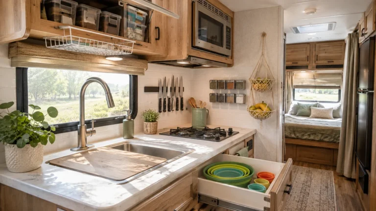 A bright and modern RV kitchen showcasing smart organization ideas like magnetic knife strips, fitted sink cutting boards, nesting collapsible bowls, and clear cabinet bins to maximize every inch of space.