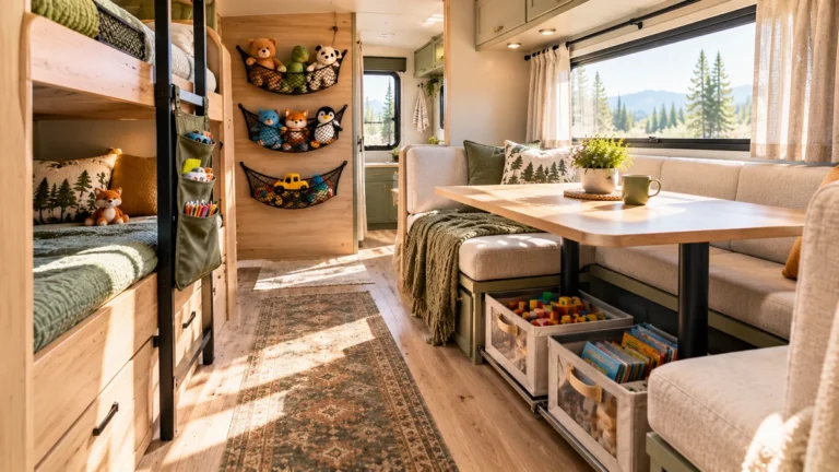 Organized RV bunkroom and dinette featuring wall cargo nets, hanging caddies, and low-profile slide-out storage bins for kids' toys.