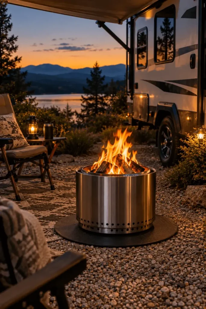 Compact stainless steel smokeless fire pit burning on a protective heat mat at a campsite.