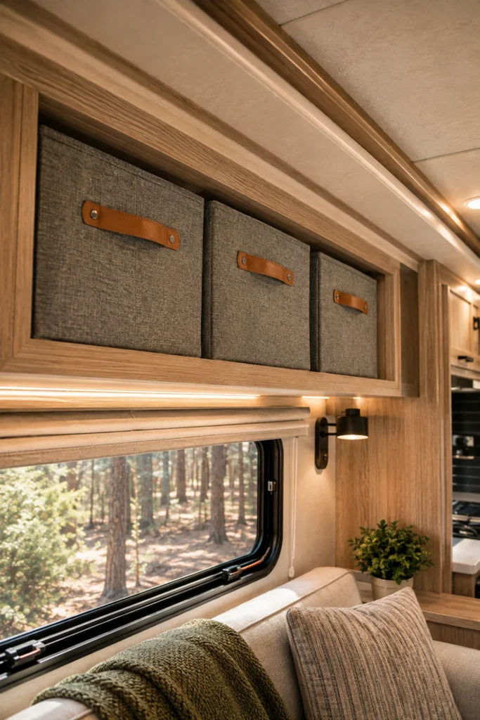 Heather-grey soft fabric storage bins sitting side-by-side on an upper shelf inside an RV slide-out.
