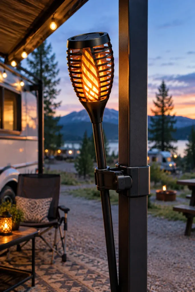Solar flickering flame torch mounted to a camper awning leg using a rubber-padded quick clamp.