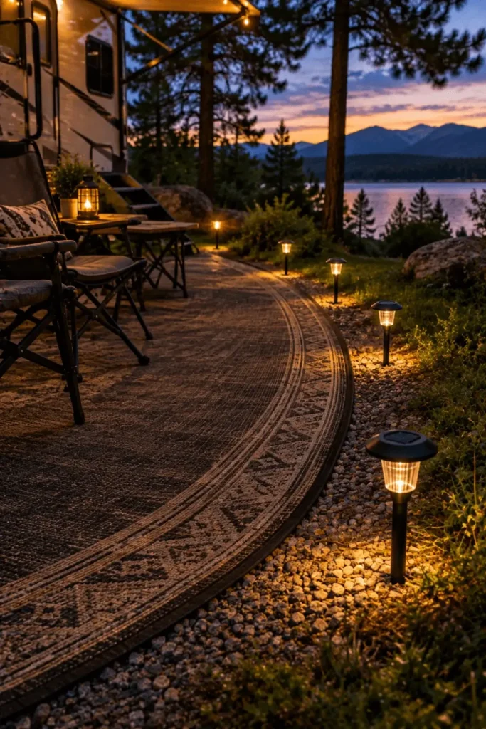 Solar-powered pathway stake lights lining the outer edge of an RV campsite patio rug.