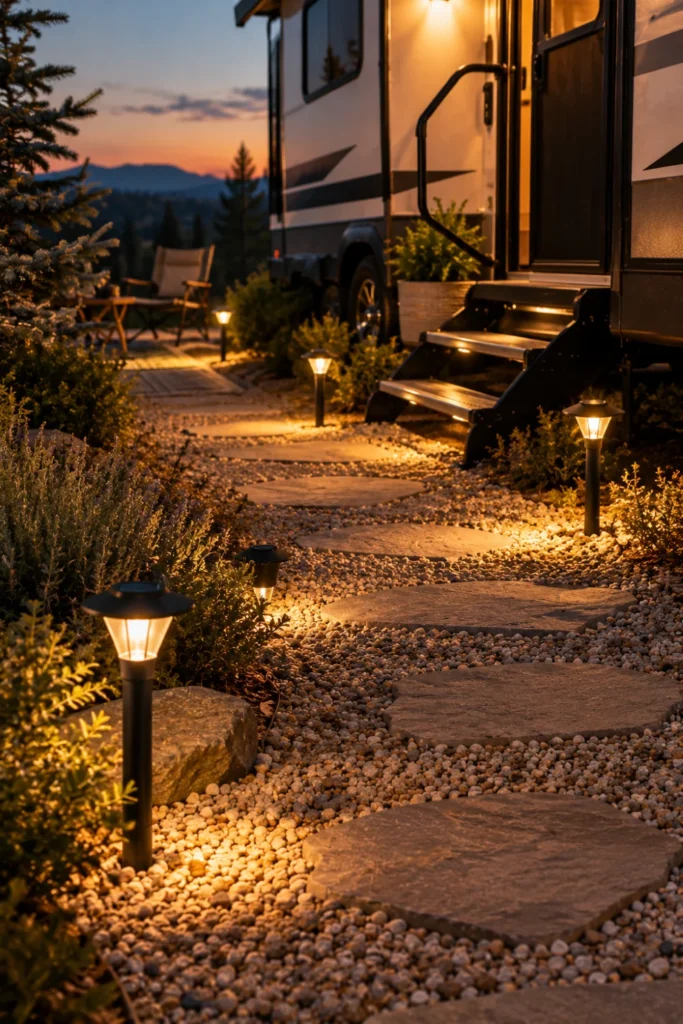Modern black solar path lights illuminating a gravel walkway leading to RV steps at dusk.
