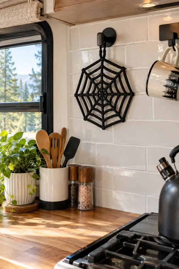 Black woven rope spiderweb trivet hanging flush on an RV kitchen backsplash hook as functional wall decor.