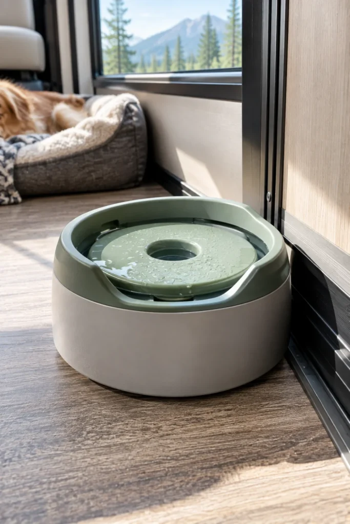 Floating disk spill-proof dog water bowl keeping the floor dry inside a moving travel trailer.