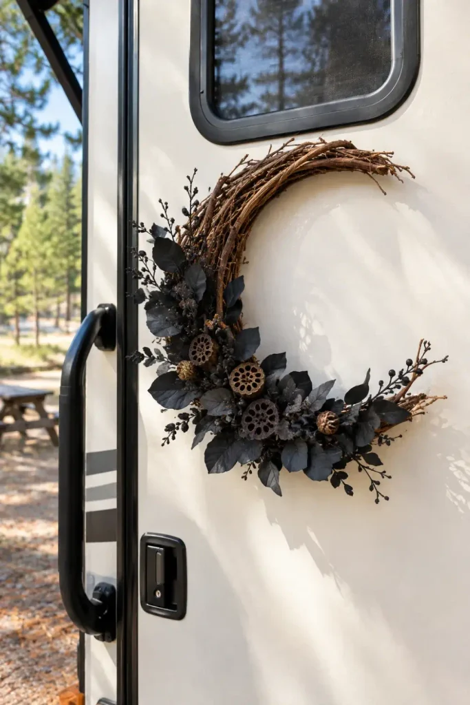 Split-grapevine half wreath decorated with faux black eucalyptus stems mounted on an RV door.