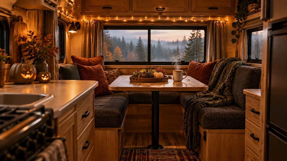 Cozy RV dinette and kitchen decorated for autumn with warm amber fairy lights, charcoal linen cushions, mini velvet pumpkins, and a dark runner rug.