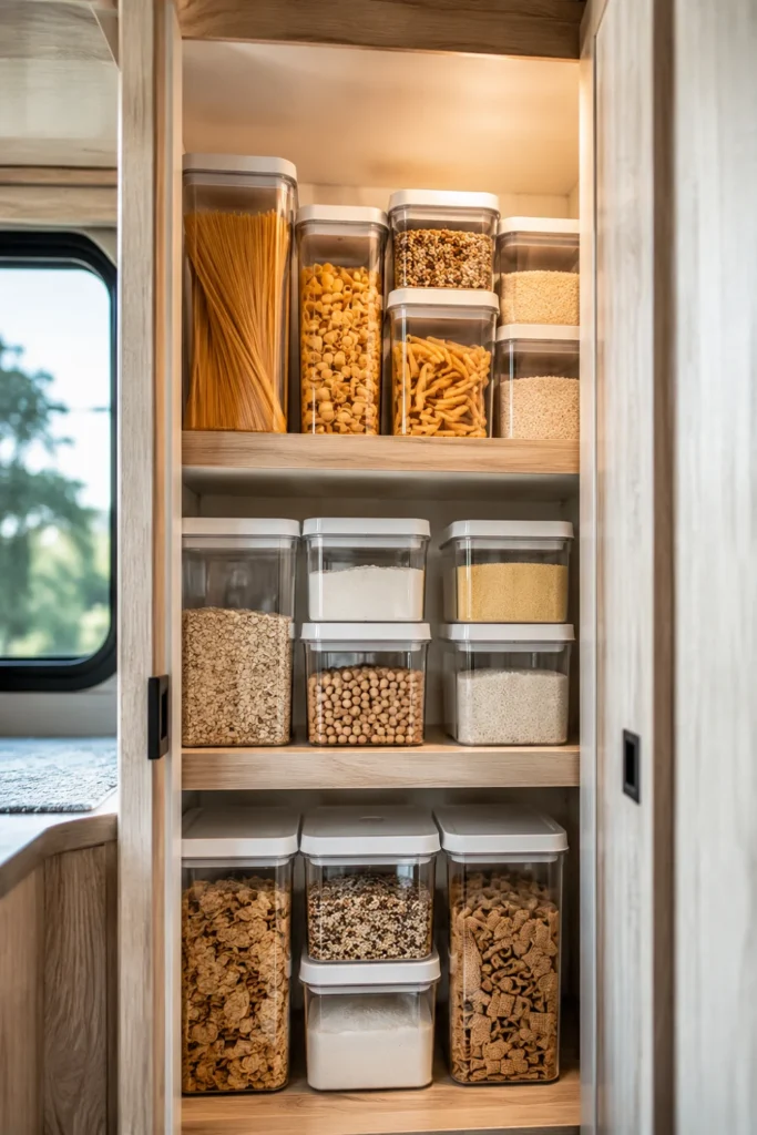 Stacked clear square airtight food storage containers filled with pasta and rice on a bright camper pantry shelf.