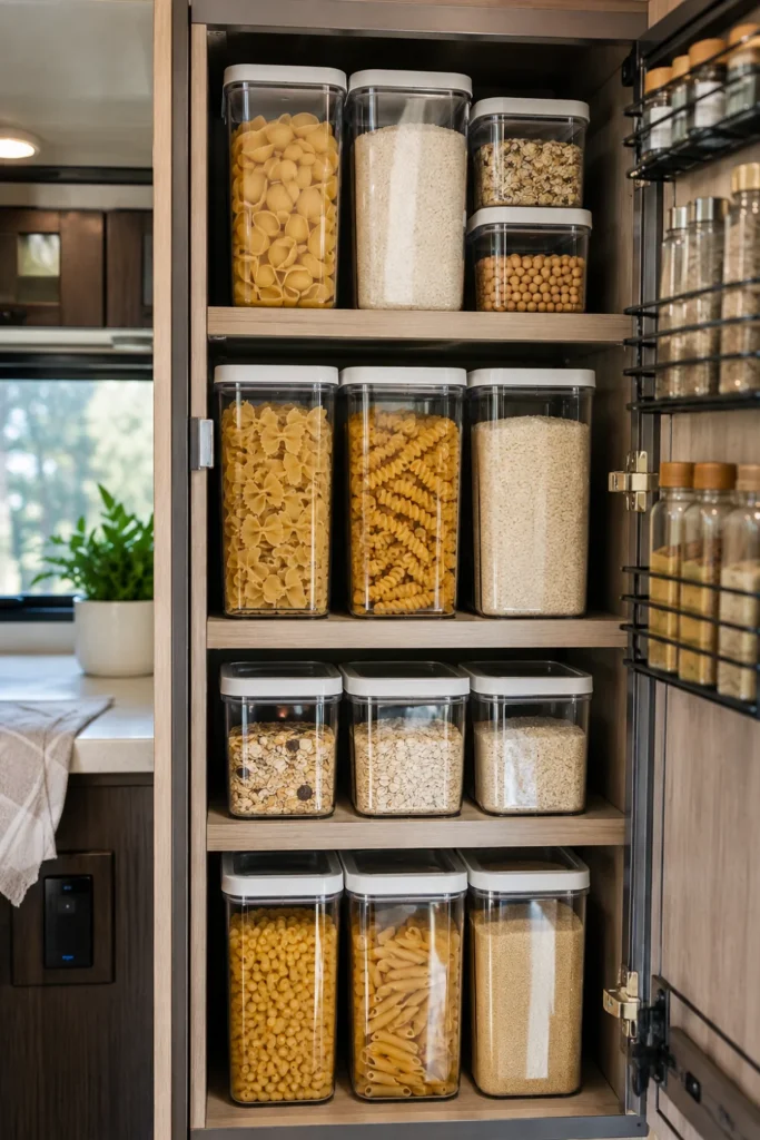 Stacked square acrylic pantry containers with clear labels inside an RV food cabinet.