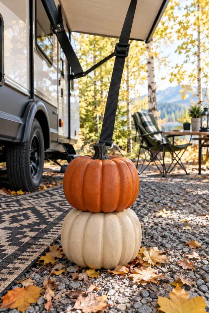 Stacked faux craft pumpkins used as decorative disguises over camper awning guyline anchor weights.