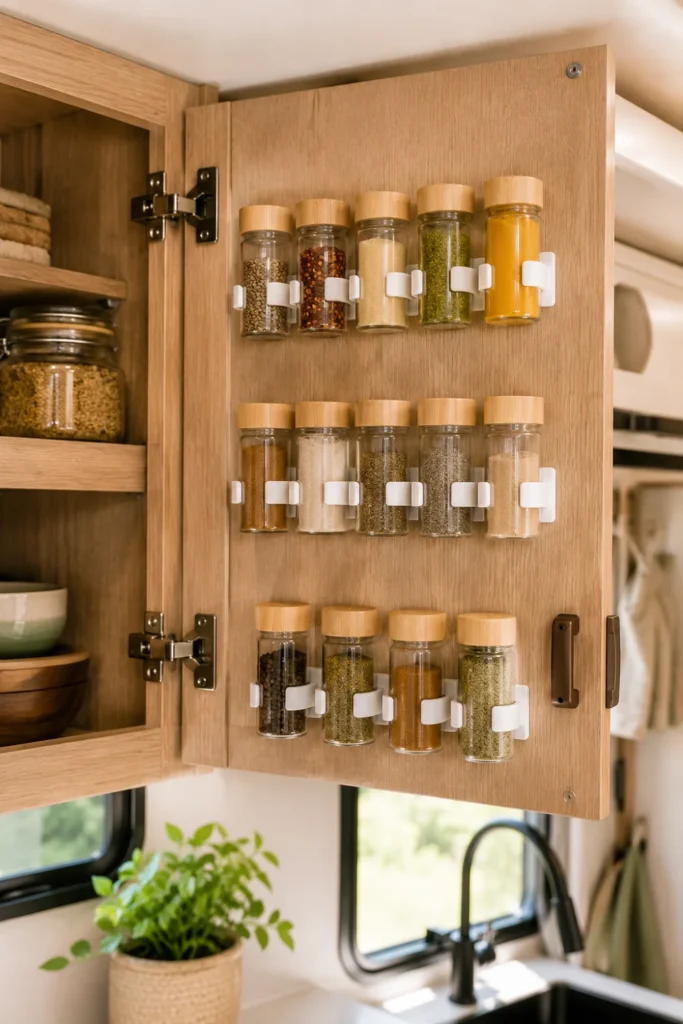 Small glass spice jars mounted with adhesive clips on the inside of an open RV cabinet door.