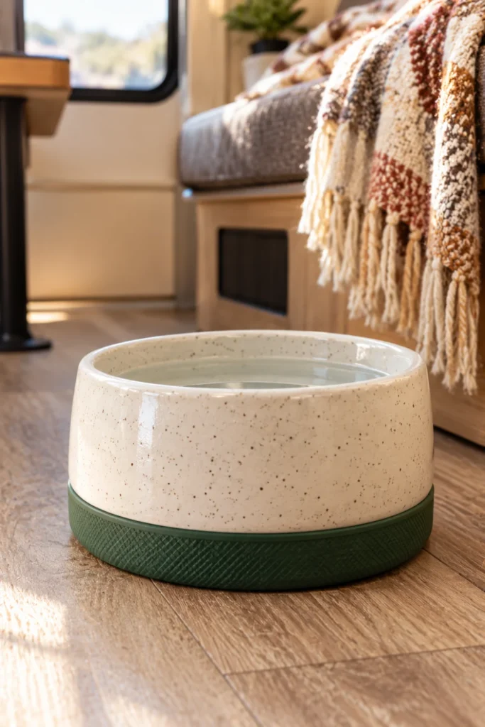 Heavy ceramic dog bowl with a green non-skid silicone base protector on camper vinyl flooring.