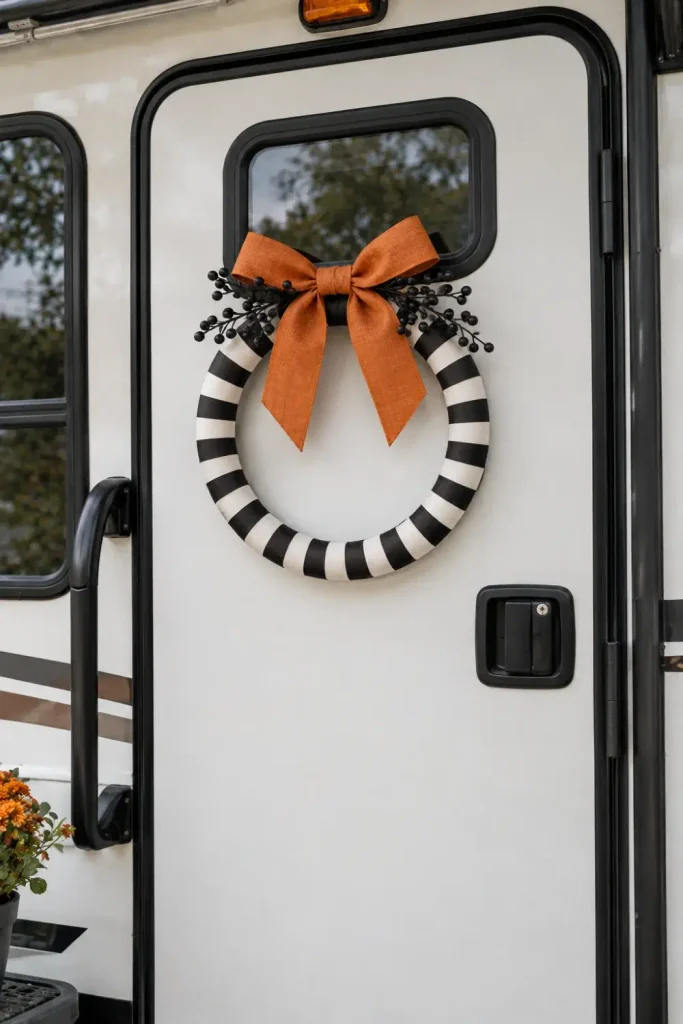 Low-profile black and white striped ribbon loop wreath with an orange bow on an RV door.