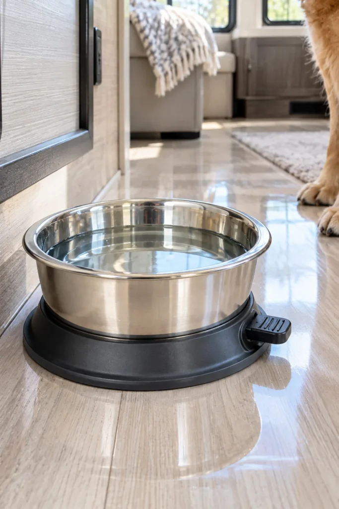 Heavy-duty suction cup base pet bowl locked down to smooth camper vinyl flooring.