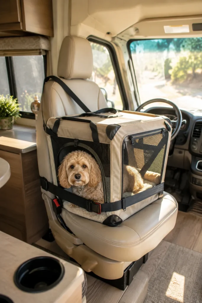 Collapsible soft-sided dog crate strapped onto a swiveled front passenger seat in a motorhome.
