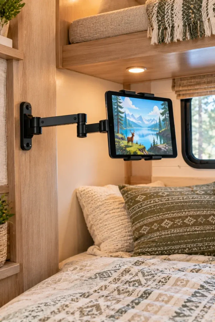 Articulating black metal tablet holder mounted to an RV bunk wall for hands-free viewing.

