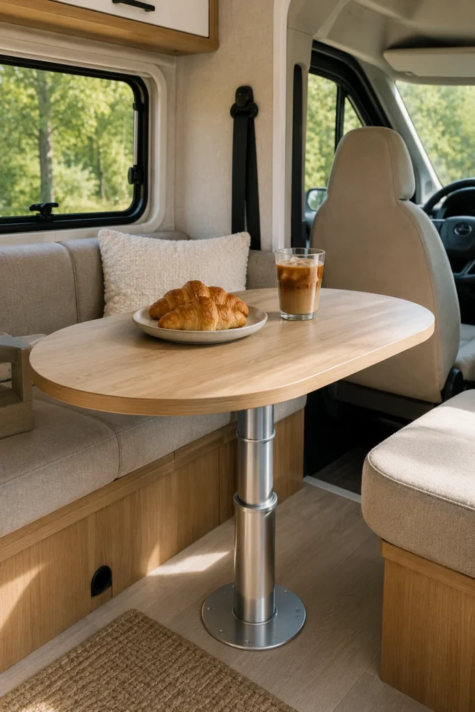 Single telescoping pedestal camper table with croissants and iced coffee in a modern RV dinette.

