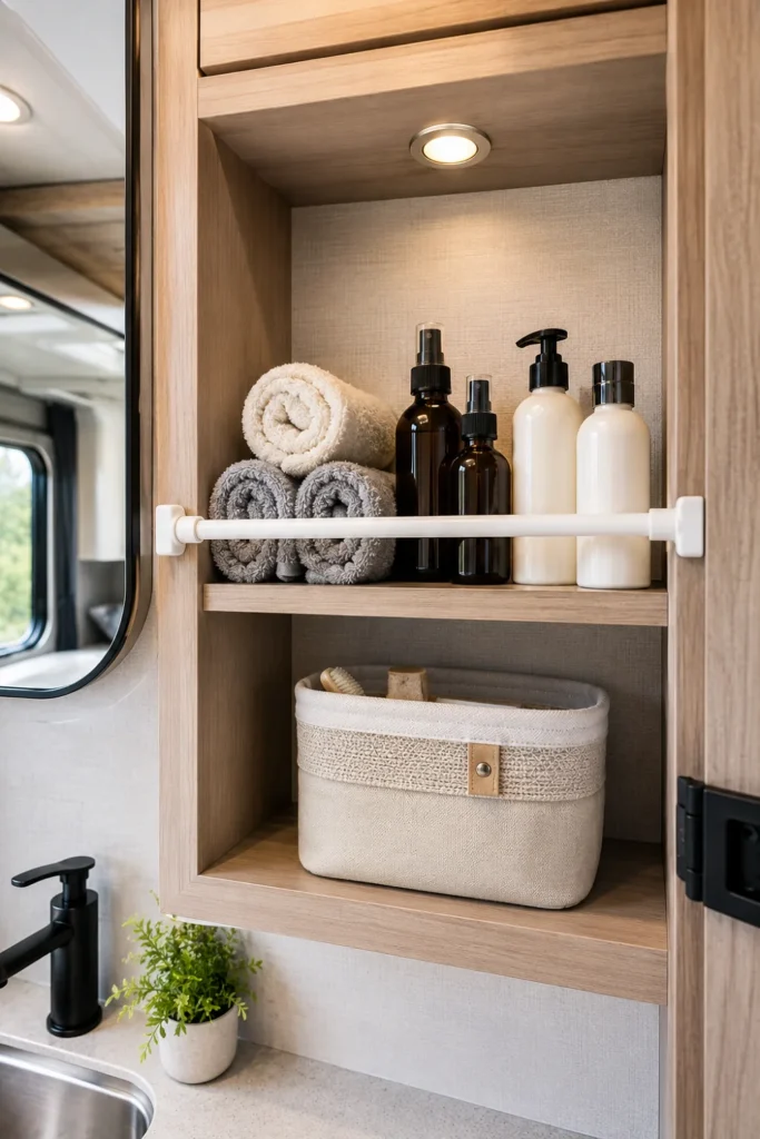 White spring tension rod installed across an open camper bathroom shelf to hold toiletries securely.