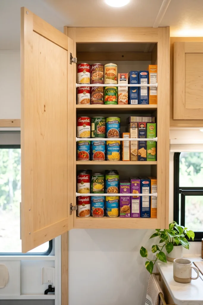 Spring-loaded tension rods placed inside open overhead RV cabinets keeping canned goods and pantry items from sliding.