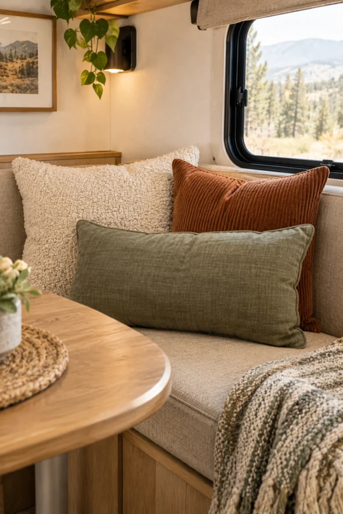 Textured throw pillows in cream, sage green, and rust on an RV bench seat.