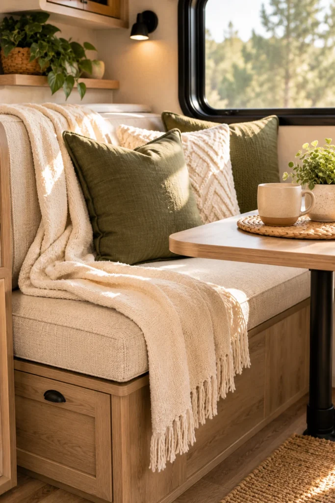 RV dinette bench cushions styled with comfortable textured linen throws and earthy accent pillows.