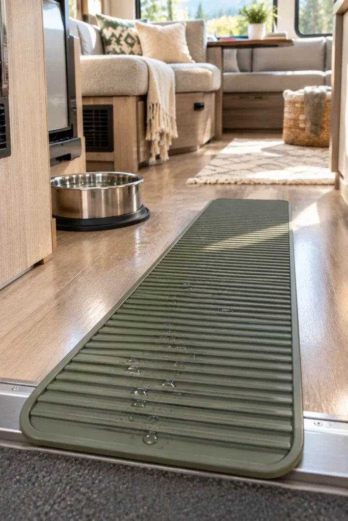Ribbed silicone threshold runner mat capturing trailing water droplets from an RV dog bowl.