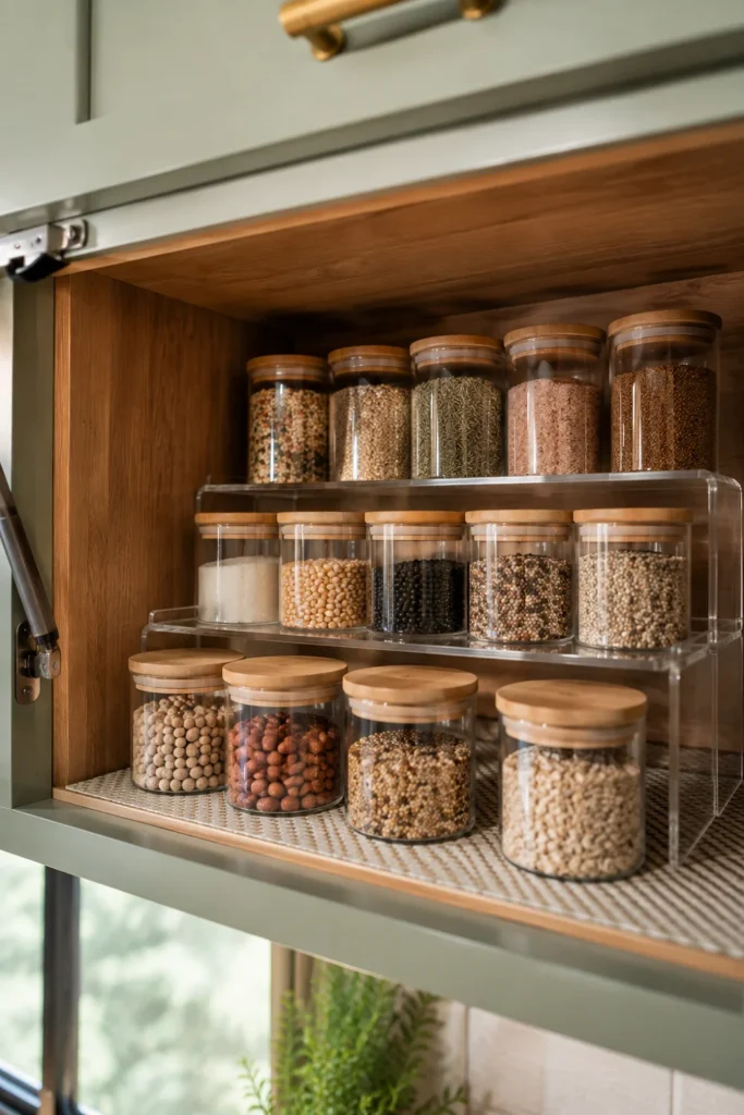 Organized upper camper cabinet equipped with clear tiered acrylic risers and uniform glass food storage jars.