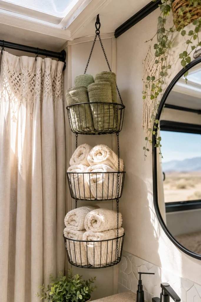 Three-tiered hanging wire basket storing rolled hand towels and washcloths in an RV bathroom corner.