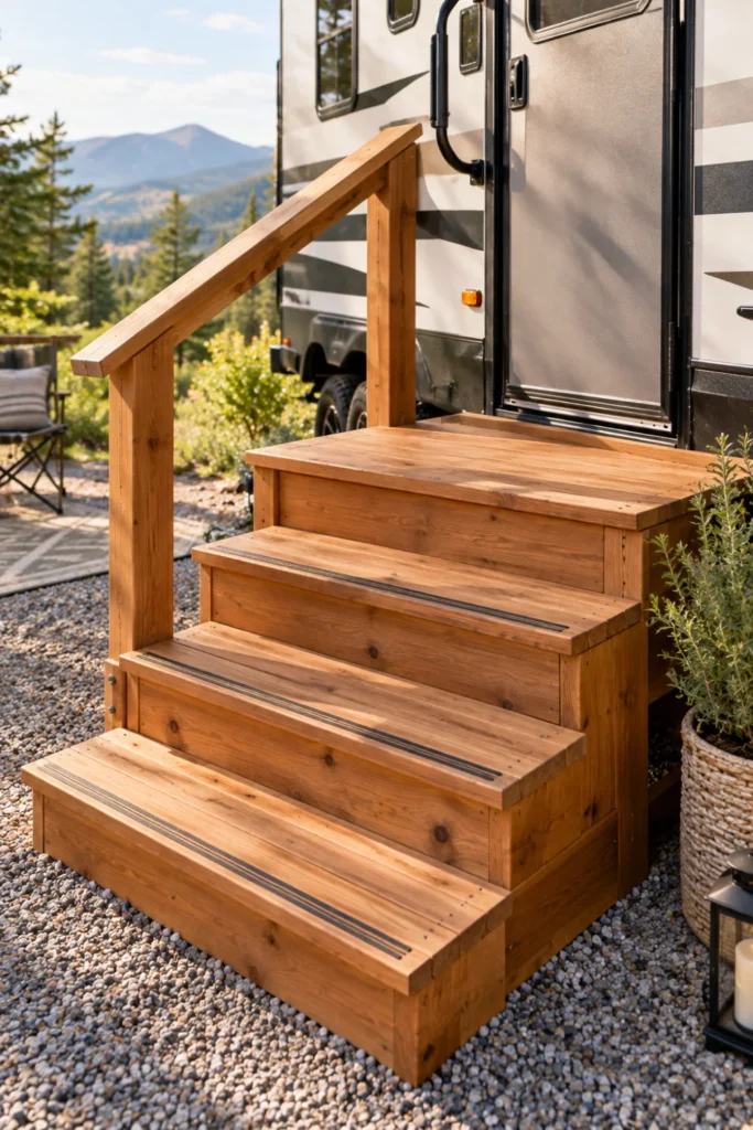 Sturdy wide-tread cedar wood landing and steps leading into an RV entrance.
