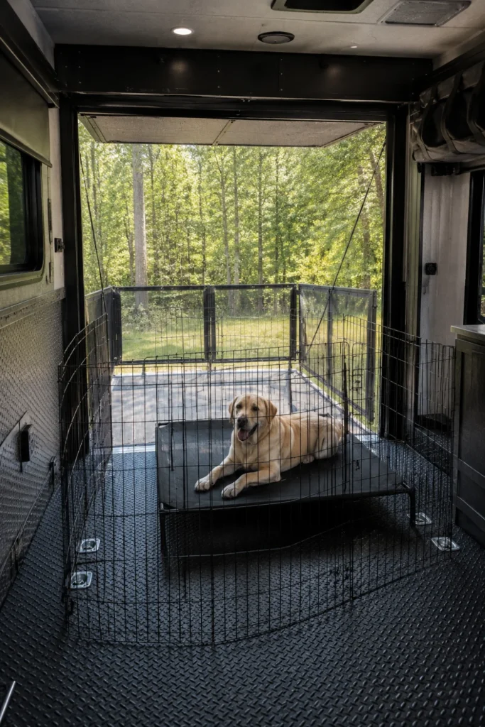 Interlocking wire dog pen enclosure set up inside a toy hauler camper garage with rear patio open.