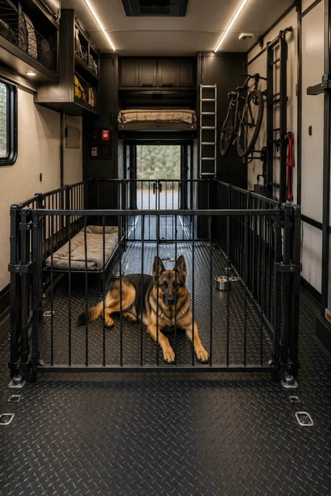 Toy hauler RV garage setup featuring modular aluminum pen fencing secured to floor tie-down rings.