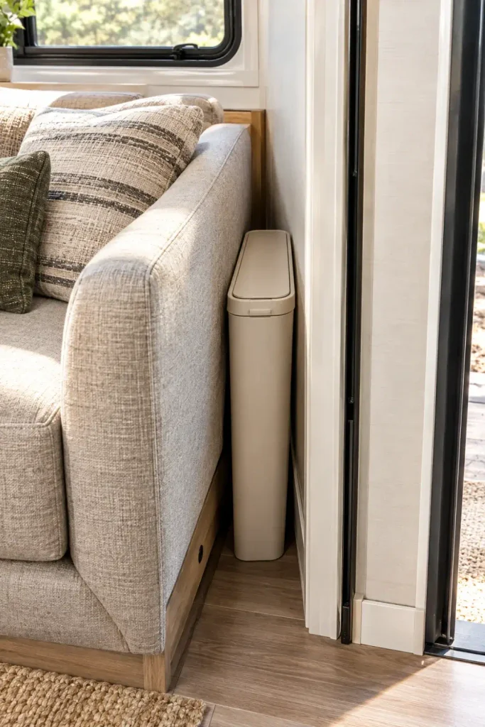 Narrow rectangular trash can fitted in the tight space between an RV sofa and slide-out wall.